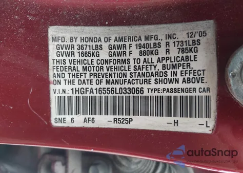 2006 Honda Civic Lx from USA, damaged, VIN 1HGFA16556L033066
